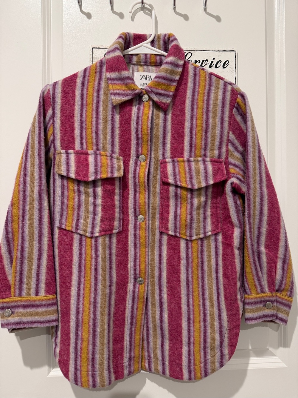 Zara Pink, Yellow & Cream Striped Button-Down Shirt Jacket,11-12